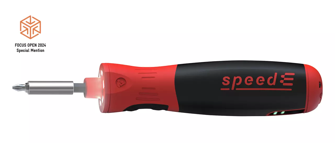 Red and black electric screwdriver with a metal bit, labeled "speedE".