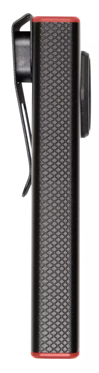 Schwarze Handlampe mit strukturiertem Griff und roten Akzenten, Seitenansicht.
