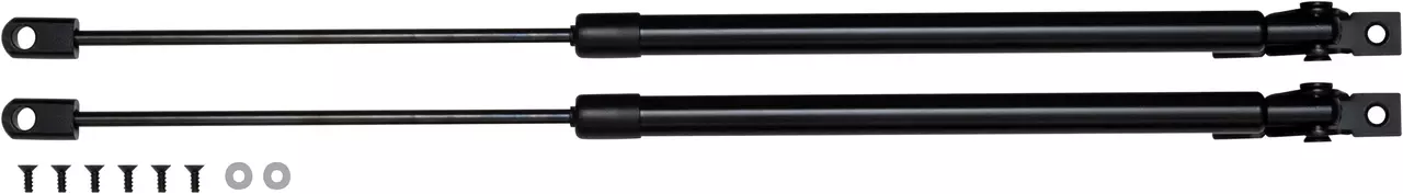 Two black gas springs with mounting hardware and screws.