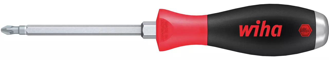 Screwdriver with a black and red handle and a metal cap
