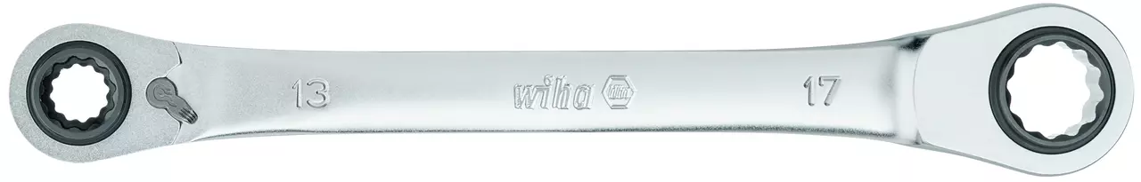 Double-ended ratchet wrench with 13 and 17 mm sockets.