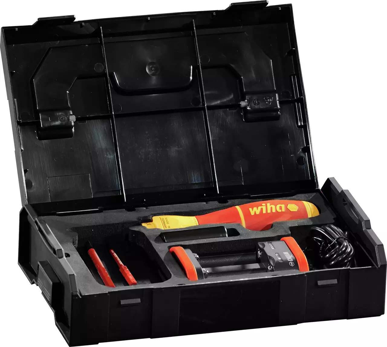 Open black case with an electric screwdriver set, including handle, bits, and charger.