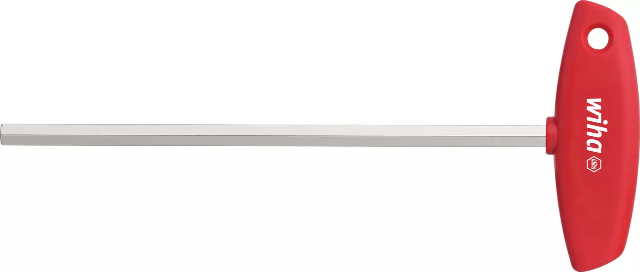Hex key with red T-handle, silver shaft, barcode visible on handle.