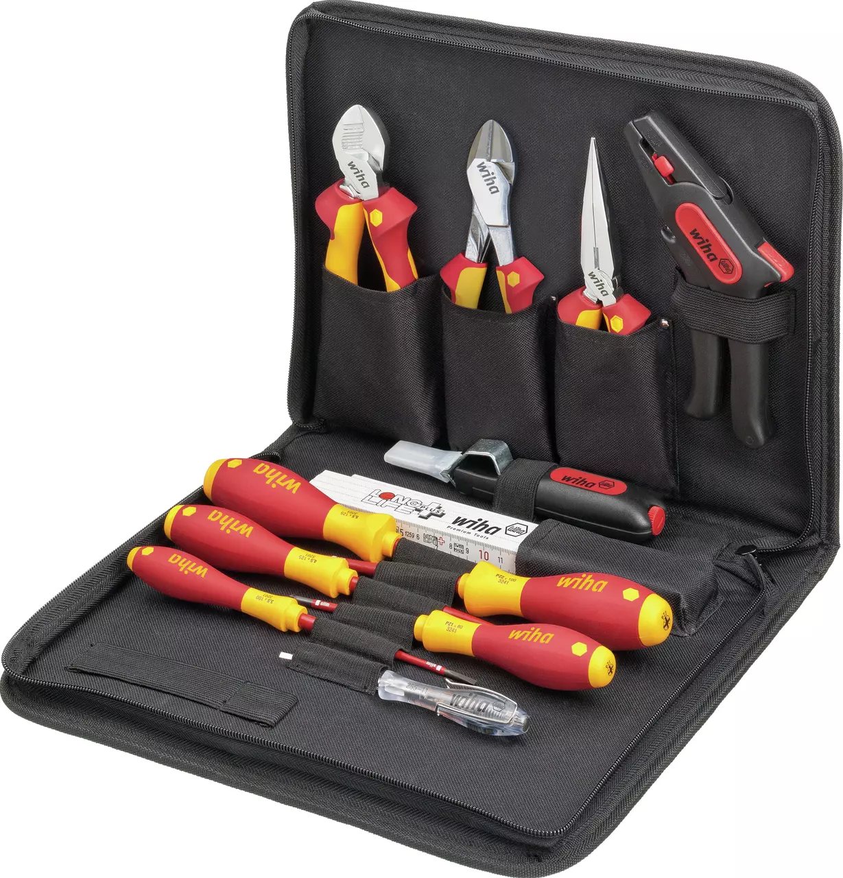 Black tool set with various insulated tools, including screwdrivers and pliers, in a zippered case.