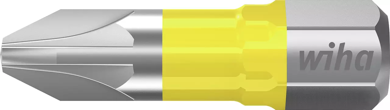 Phillips screwdriver bit with yellow band, metal finish, marked "Wiha"