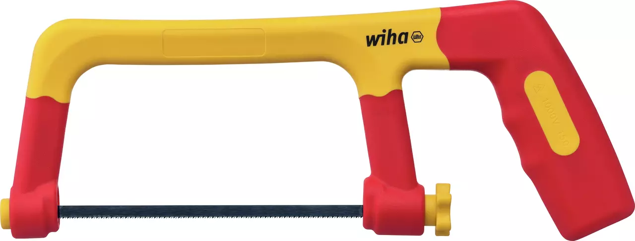 Red and yellow hacksaw with a plastic handle and a thin metal blade.
