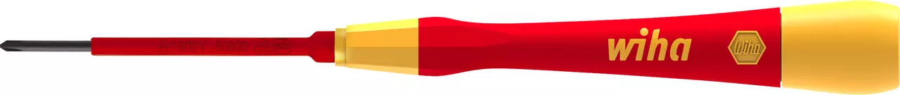Red and yellow precision electric screwdriver with a slotted tip.