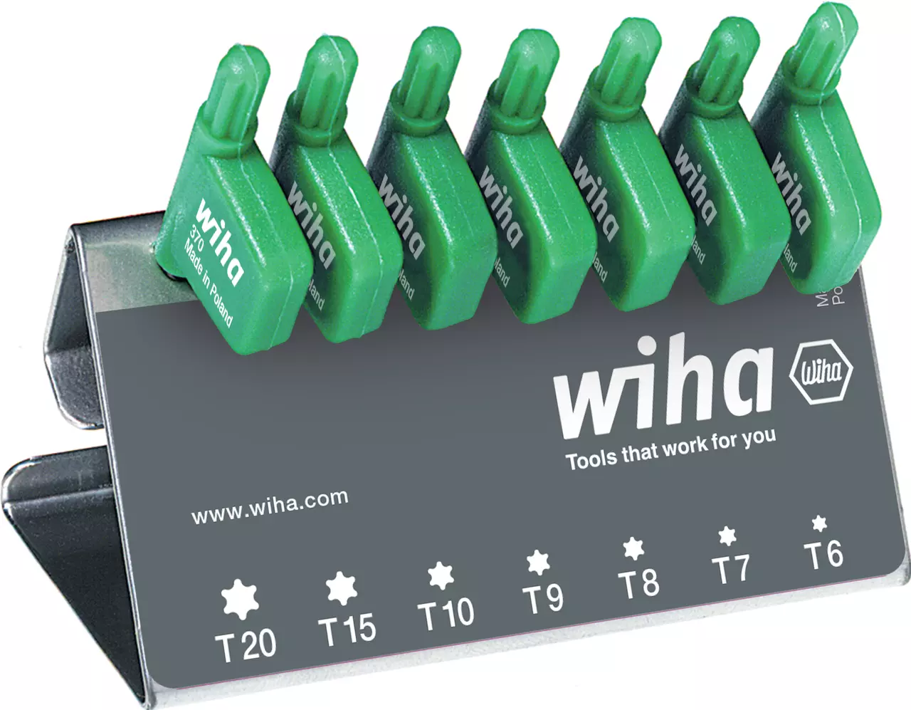 Set of green Torx keys in a metal stand with sizes from T6 to T20.