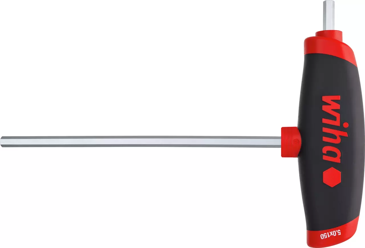 Hex key with black and red ergonomic handle, featuring a long metal shaft.