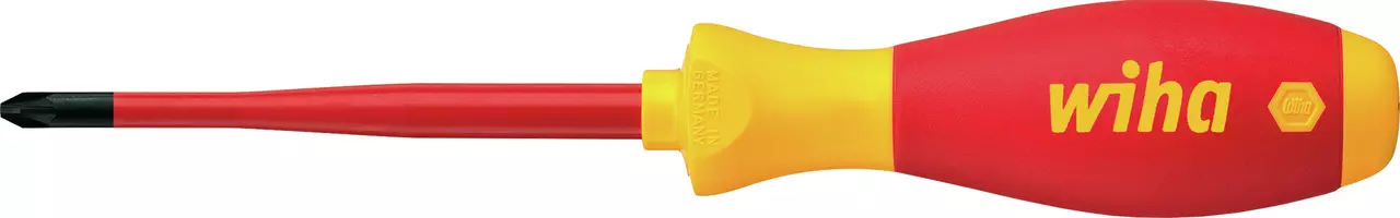 Red and yellow insulated screwdriver with a flat blade tip.