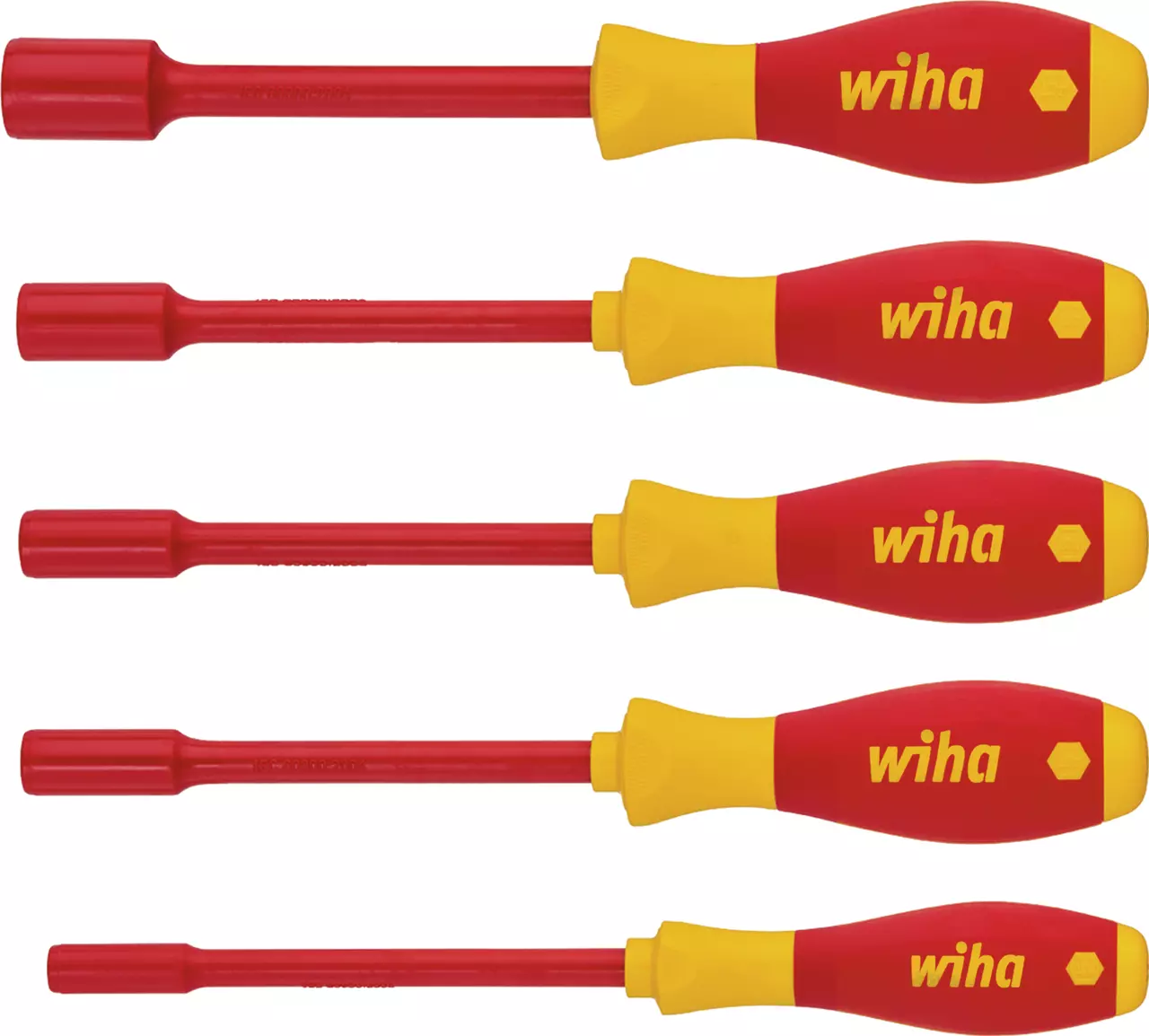 Five red and yellow insulated socket wrenches with ergonomic handles.