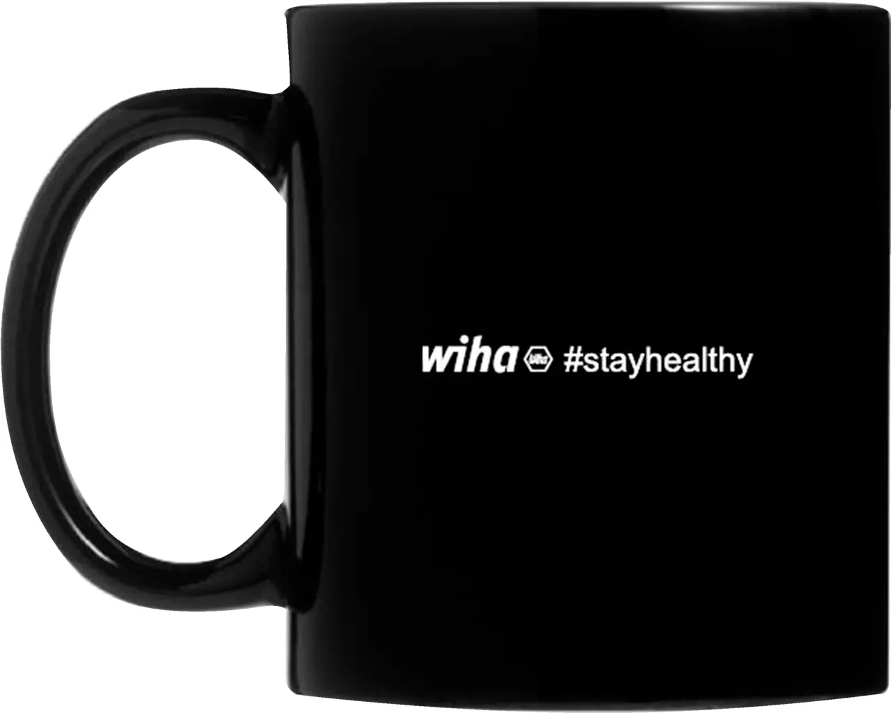 Glänsande svart mugg med vit text "wiha #stayhealthy".