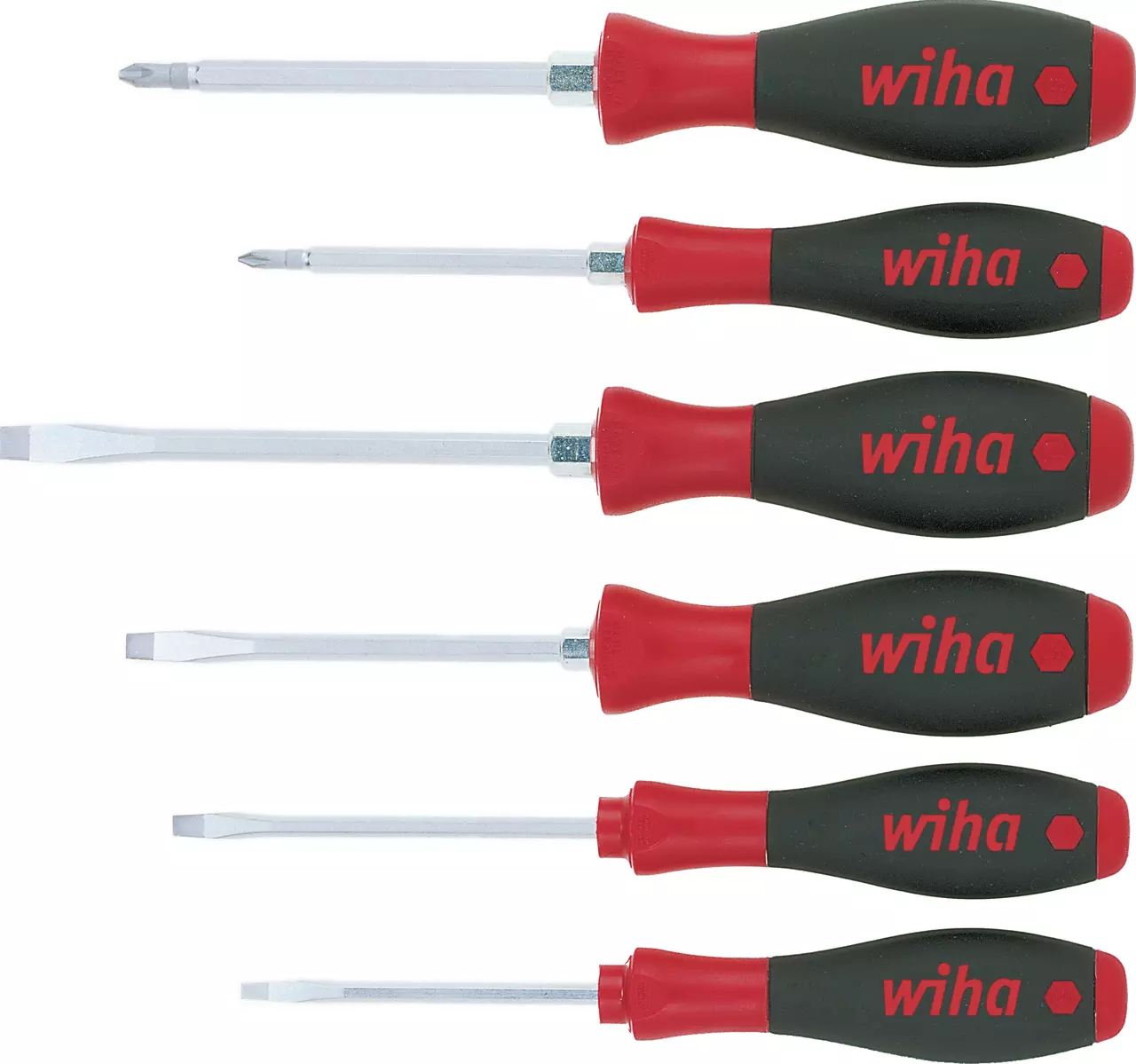 Set of six screwdrivers with red and black handles