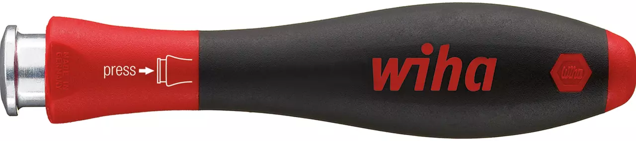 Black and red screwdriver handle with "Wiha" logo and press instruction.