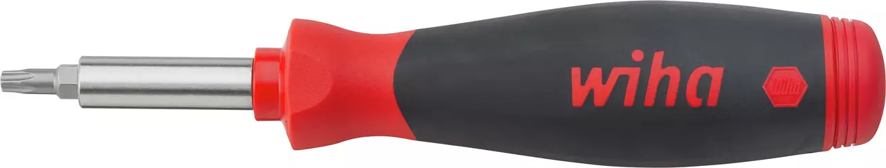 Screwdriver with black and red handle and metal shaft.