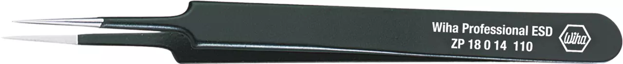 Black precision tweezers with pointed tips and text on the handle.
