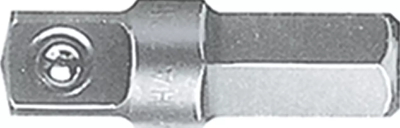 Silver socket adapter with a square drive and hexagonal shaft.