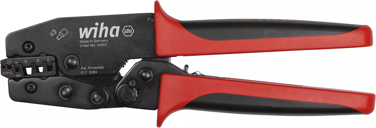 Crimping tool with black and red handles for wire connections.
