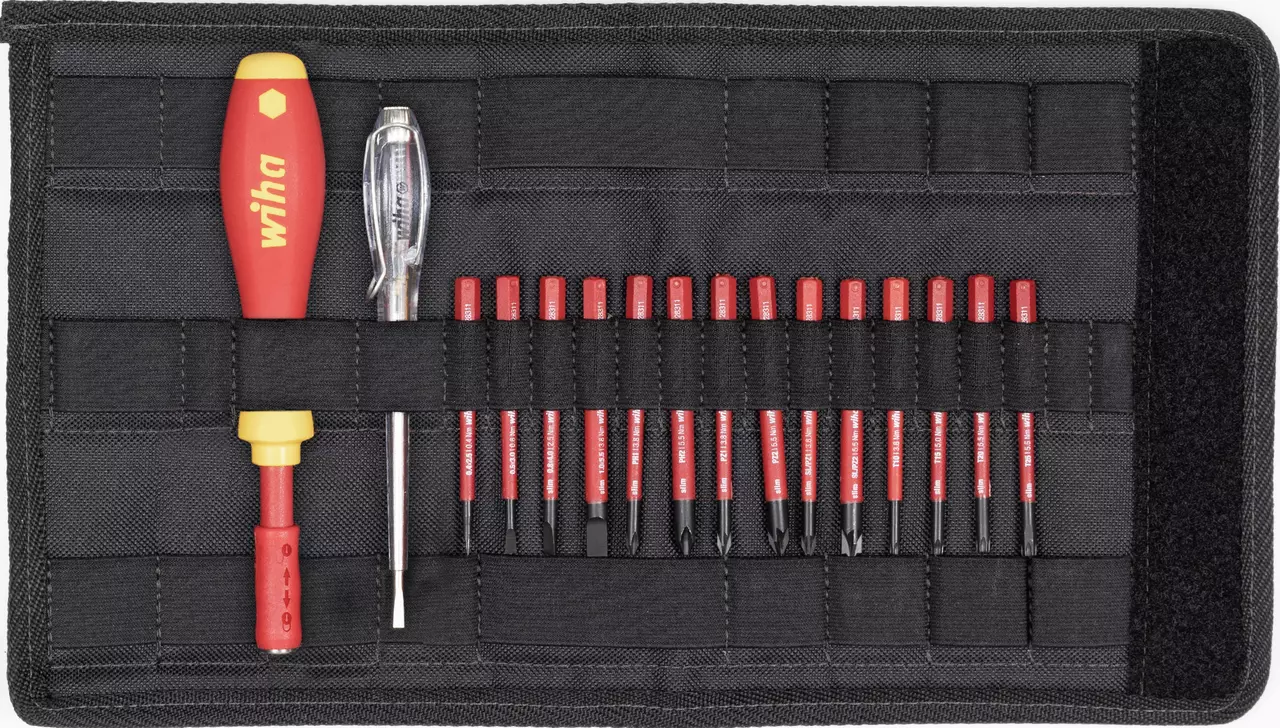 Electric screwdriver set with multiple red bits in a black fabric case.