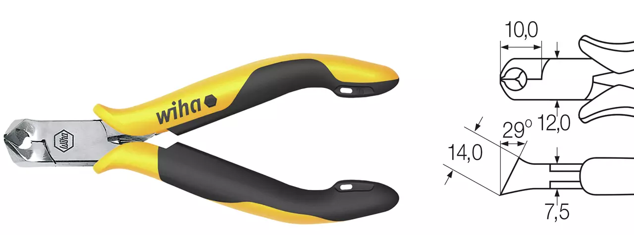 ESD diagonal cutter with yellow and black handles, shown with technical drawing