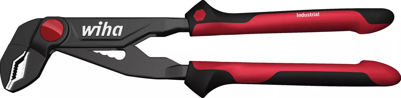Red and black water pump pliers with adjustable jaws and ergonomic handles.