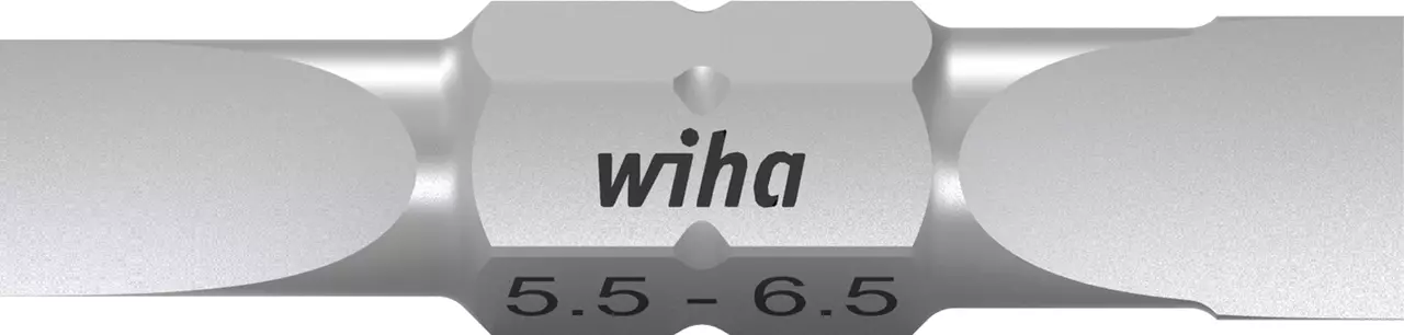 Double-ended slotted screwdriver bit, silver, marked with "wiha" and sizes 5.5-6.5.