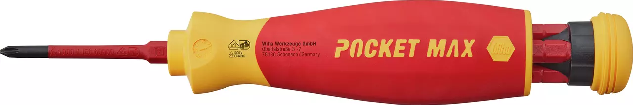 Red and yellow insulated electric screwdriver with interchangeable bits.