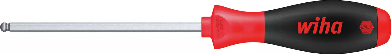 Hex key with black and red handle, metal shaft with ball end.