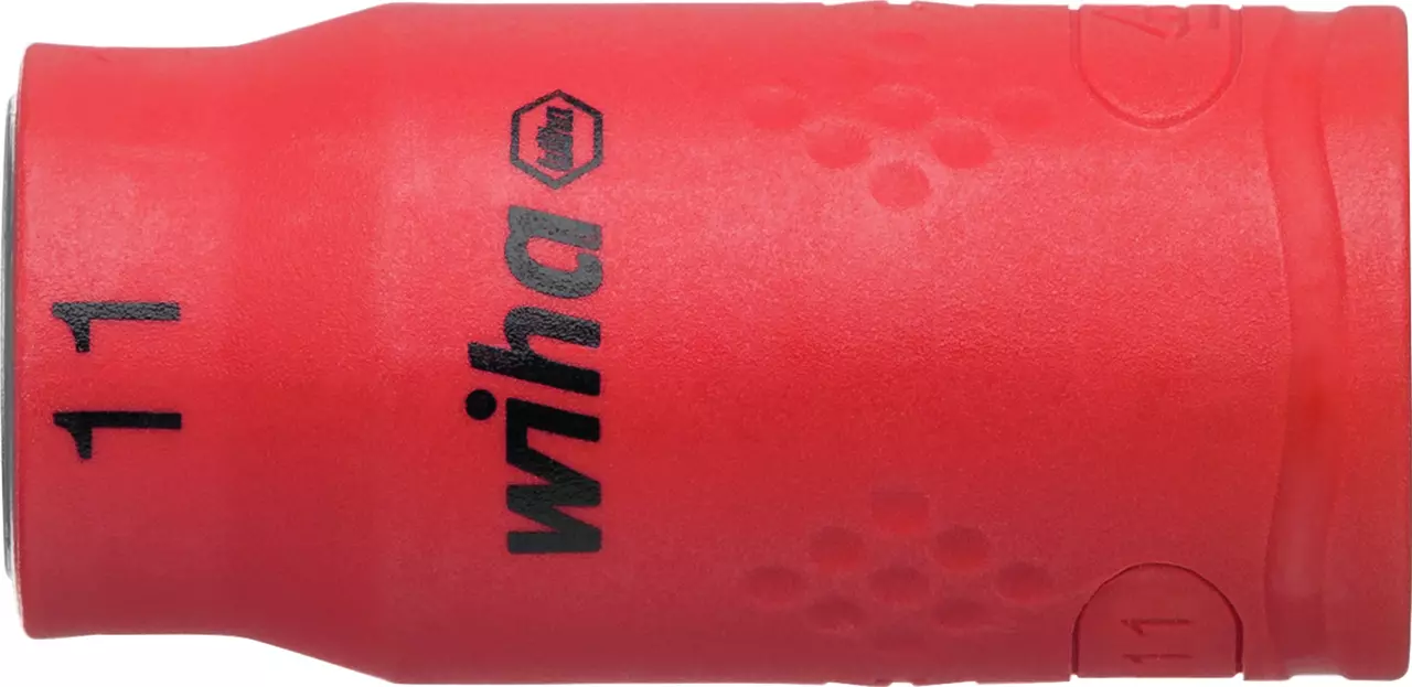 Red insulated socket with black text "Wiha" and "11" marking.
