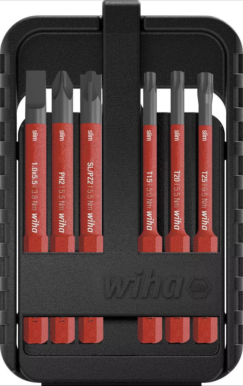 Set of red and black screwdriver bits in a black plastic case.