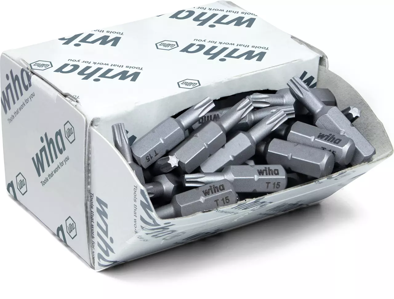 Box of multiple gray Torx bits marked "T15" with "Wiha" branding.