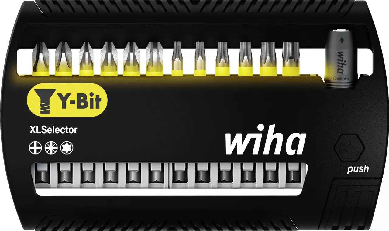 Black bit set with multiple screwdriver bits and a holder, labeled "Y-Bit" and "wiha".