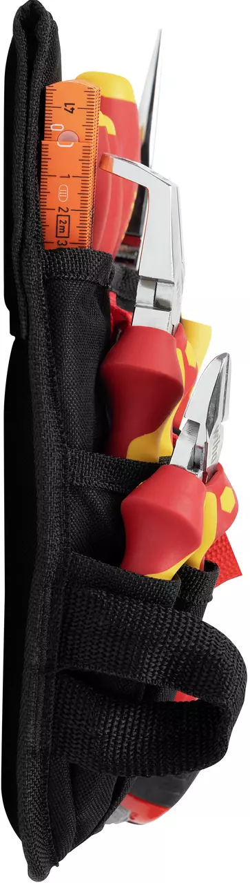 Black tool pouch with red and yellow-handled tools, including pliers and a ruler