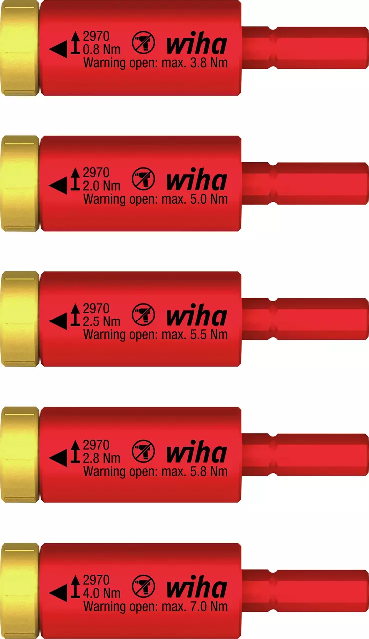 Five red torque adapters with gold caps, labeled with different Nm values.