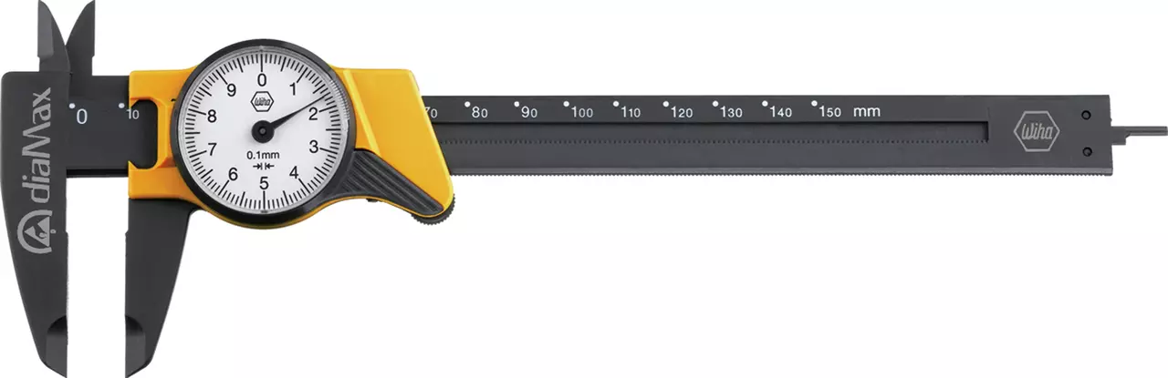 Dial caliper with black and yellow body, white dial, and measurement scale in millimeters.