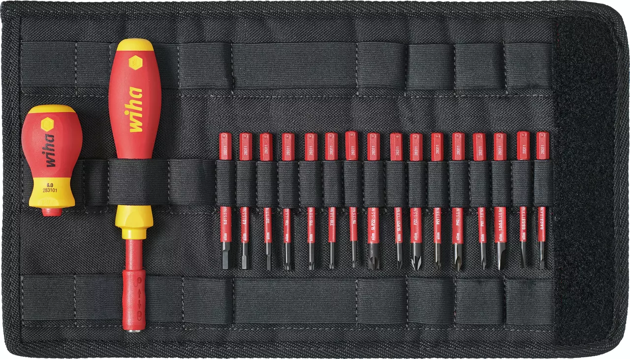 Set of red and yellow insulated screwdrivers and bits in a black tool pouch.