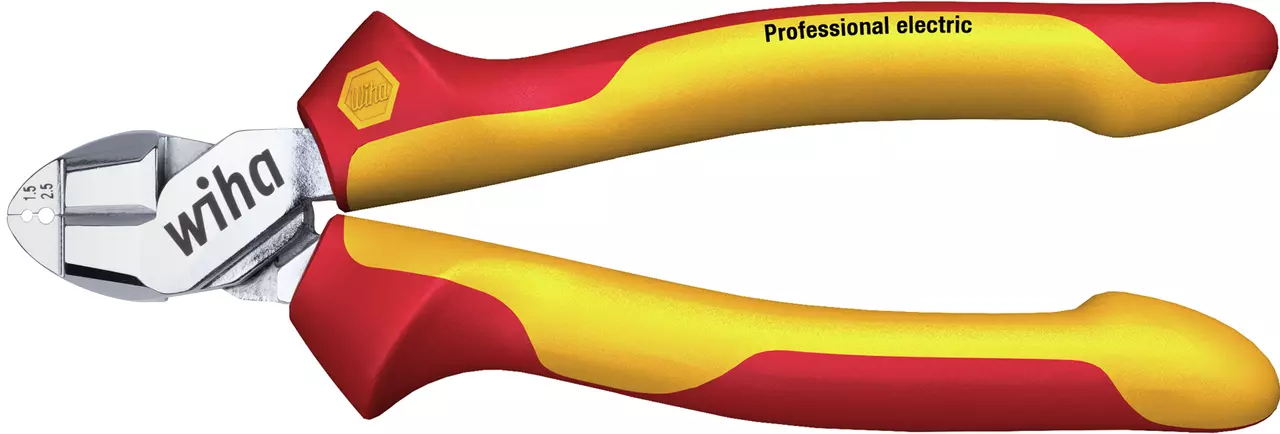 Red and yellow wire stripping side cutter with insulated handles.