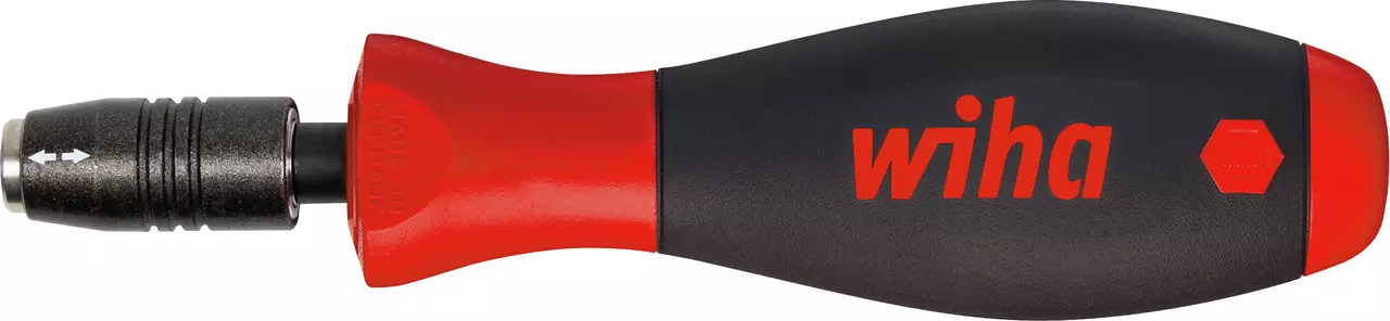 Black and red screwdriver with a bit holder and "wiha" branding