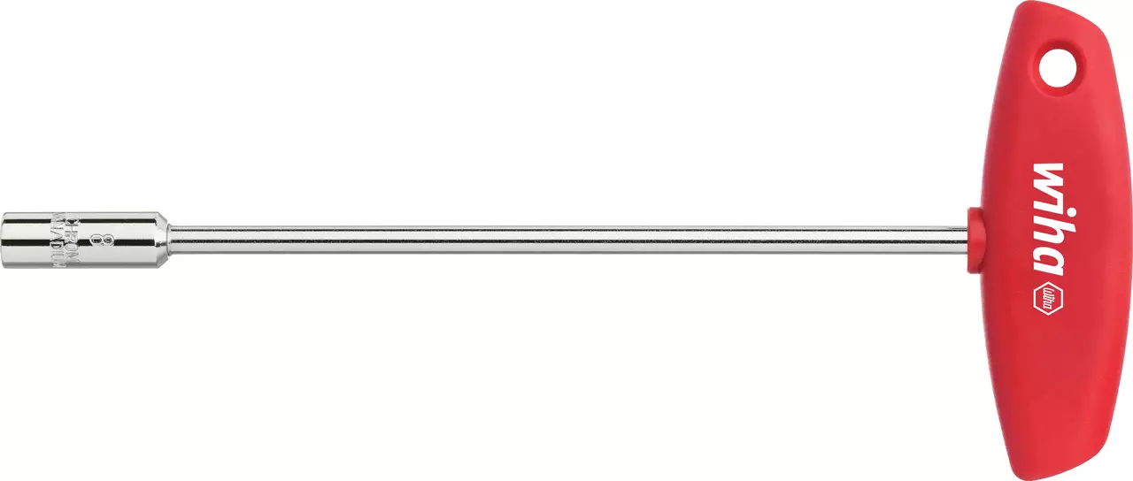 T-handle nut driver with red plastic grip and metal shaft