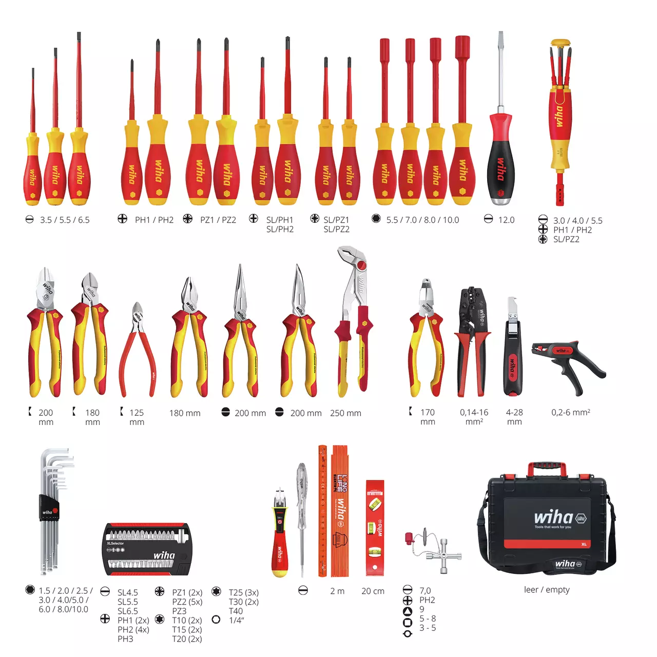Tool set with various insulated screwdrivers, pliers, cutters, hex keys, ratchet, and tool case.