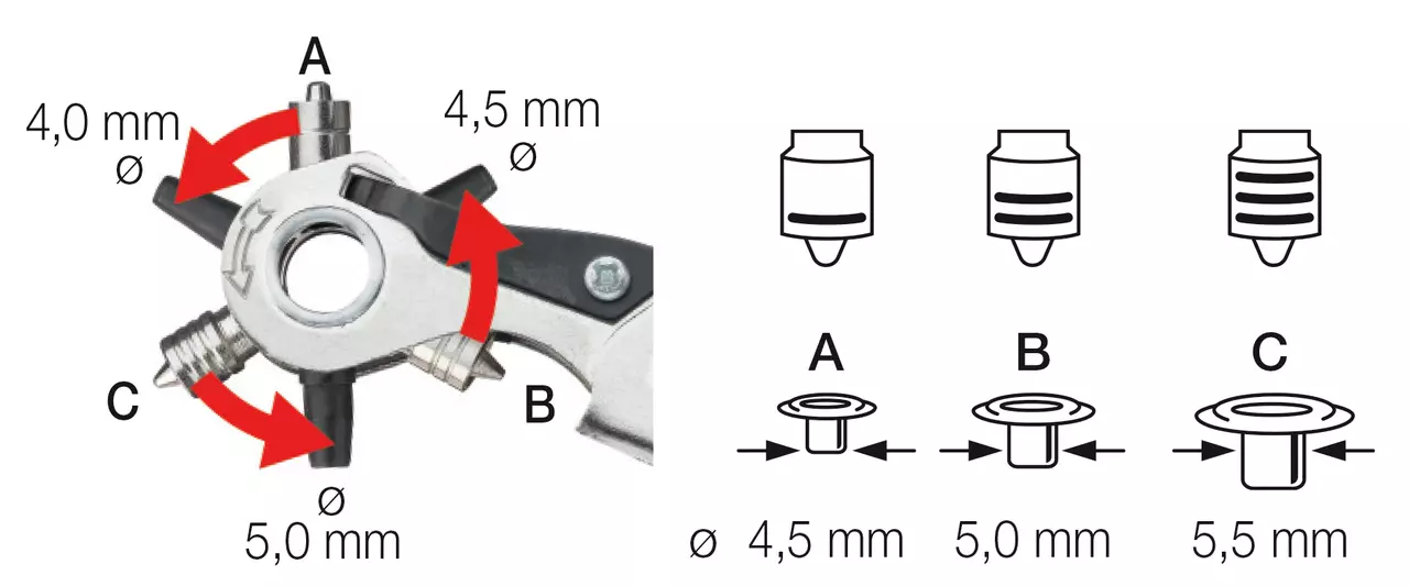 Revolving punch plier with interchangeable heads for different hole sizes, shown with 4.0 mm, 4.5 mm, and 5.0 mm options.
