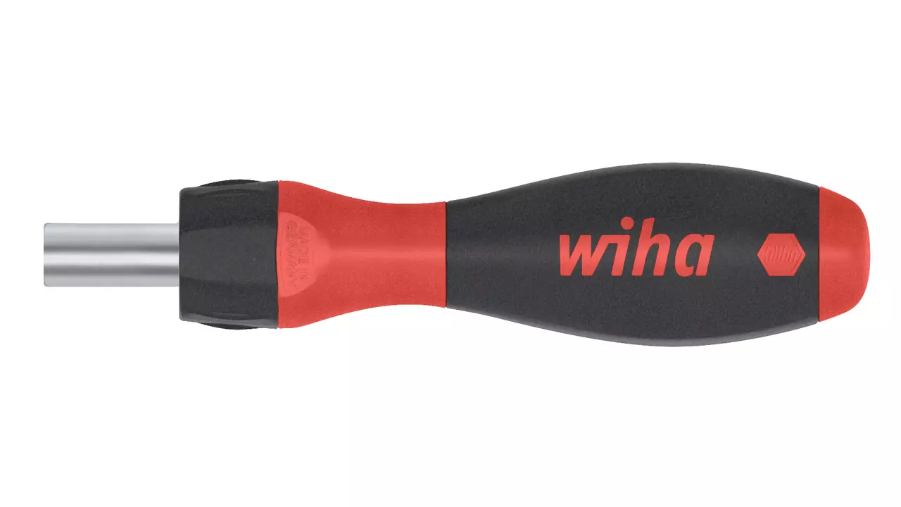 A black and red ratchet screwdriver with a metal shaft and ergonomic handle.