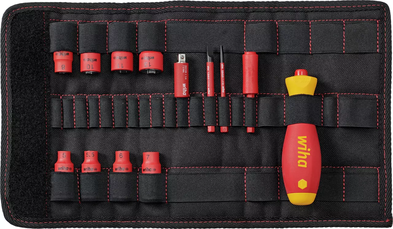 Tool set with red and yellow handle, red bits, in a black fabric case with red stitching.