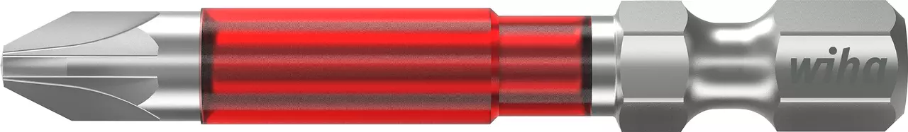 Phillips screwdriver bit with red and silver finish, side view.