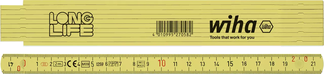 Yellow folding ruler with black markings and branding.