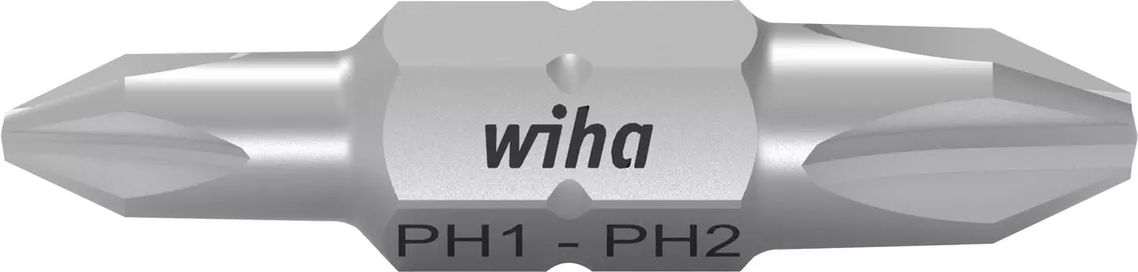 Double-ended screwdriver bit with PH1 and PH2 tips, metallic finish.