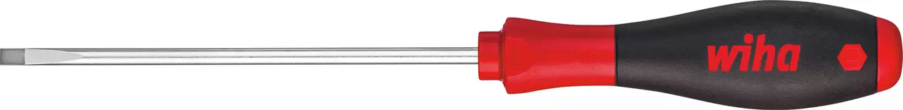 Flathead screwdriver with red and black ergonomic handle.