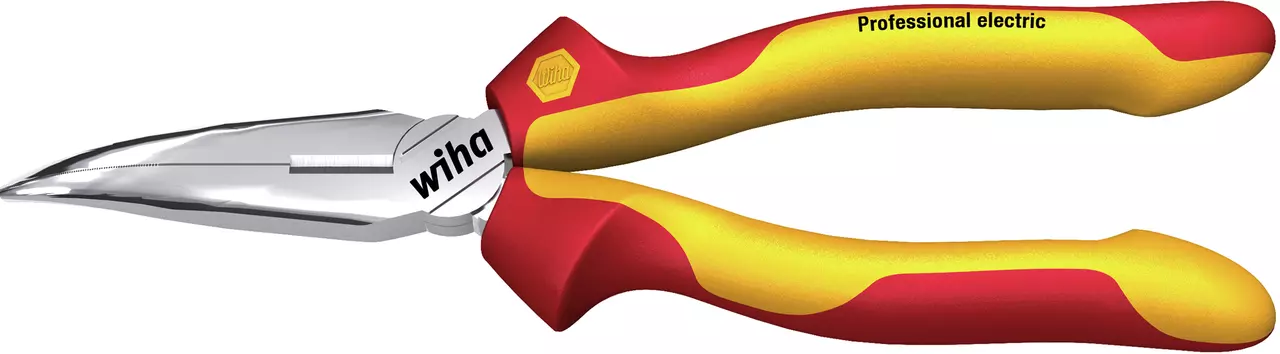 Bent flat round pliers with red and yellow insulated handles.