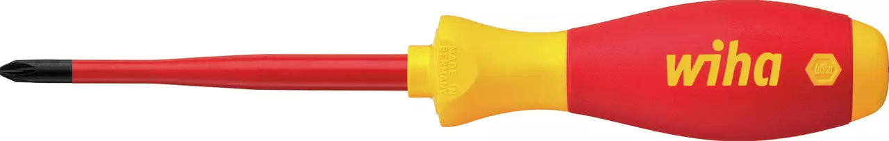 Red and yellow insulated electric screwdriver with a black Phillips tip.