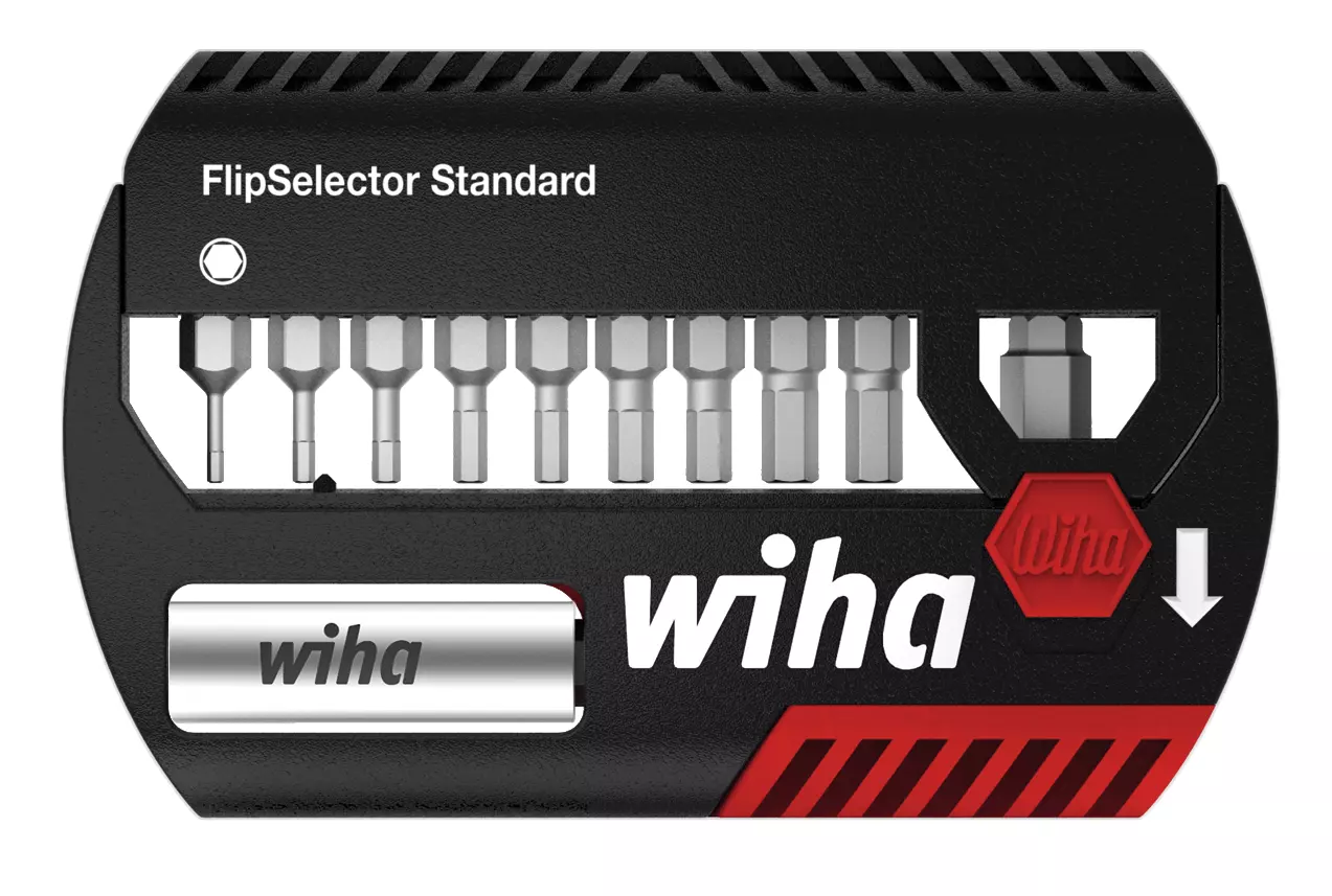 Compact black tool case with multiple precision bits and "FlipSelector Standard" text.